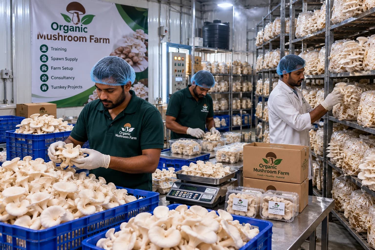 Hygienic commercial mushroom farm growing room with proper 2-3 inch bag spacing on shelves to prevent Trichoderma overheating