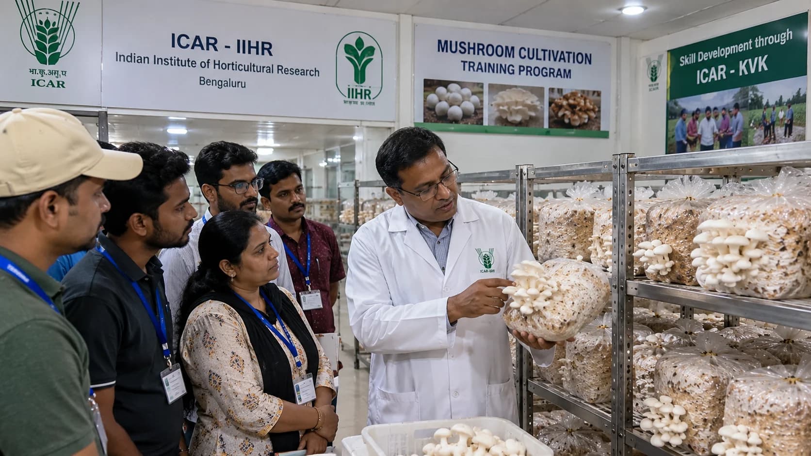 Inspecting healthy colonized mushroom grow bag and vigorous white mycelium during commercial mushroom cultivation training