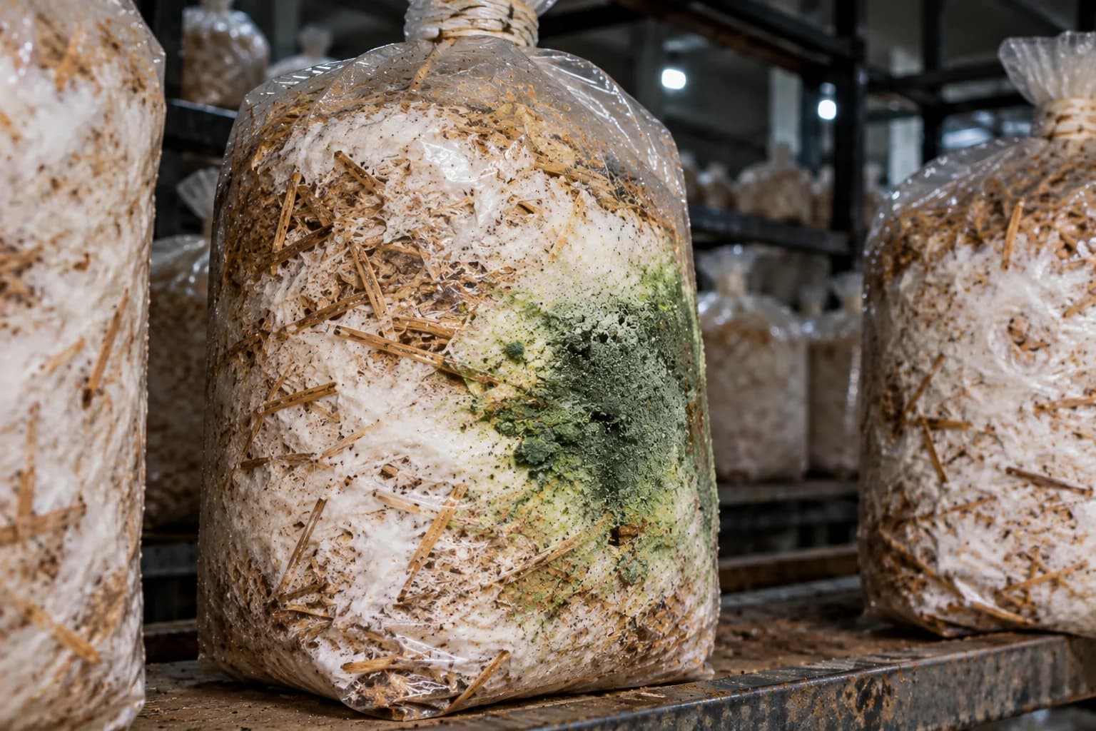 Trichoderma harzianum and Trichoderma viride green mold spores spreading inside a mushroom grow bag during spawn run