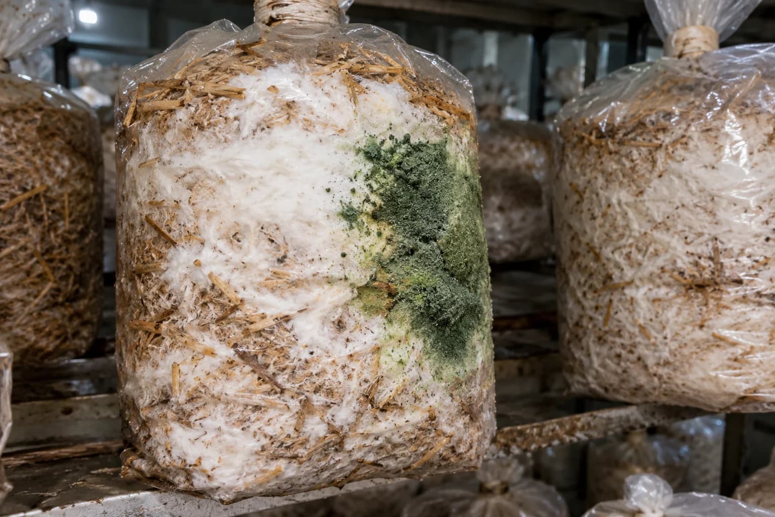 Why Mushroom Bags Turn Green: Trichoderma Green Mold Patch on White Mycelium Straw Substrate Bag