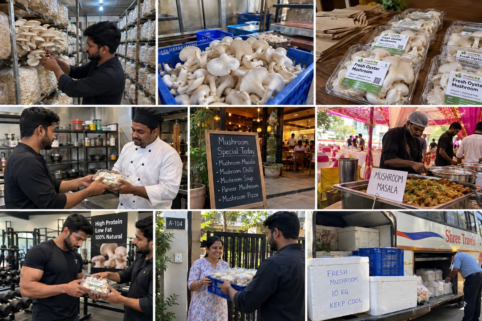 Direct mushroom marketing and distribution strategies: chef sample handover, restaurant special menu, wedding buffet mushroom masala, and 10kg thermocol box bus parcel delivery
