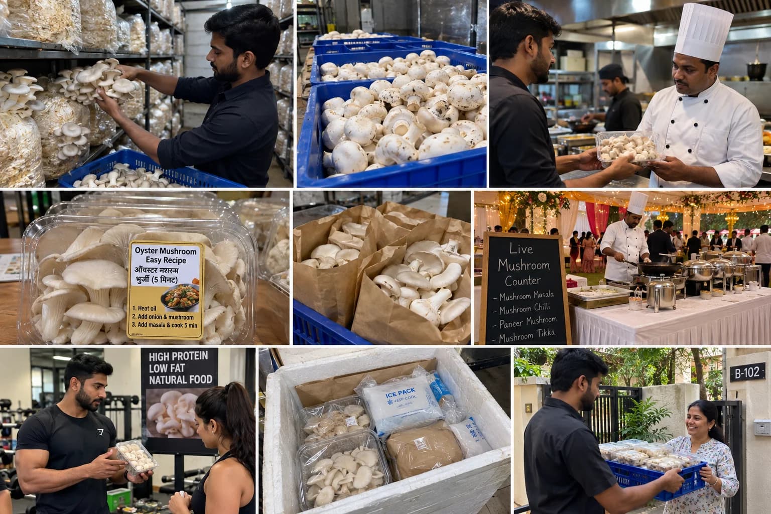 Fresh mushroom selling channels in India: Oyster mushroom recipe sticker punnets, brown kraft paper bags, wedding catering live counter, gym protein sales, and gated society delivery