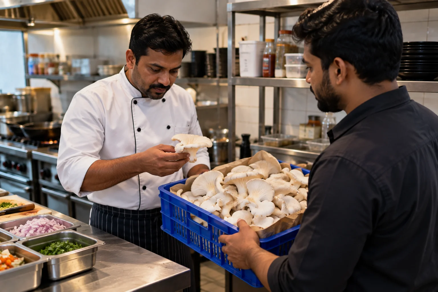Mushroom grower delivering fresh Oyster mushrooms crate directly to a restaurant head chef in a commercial HORECA kitchen