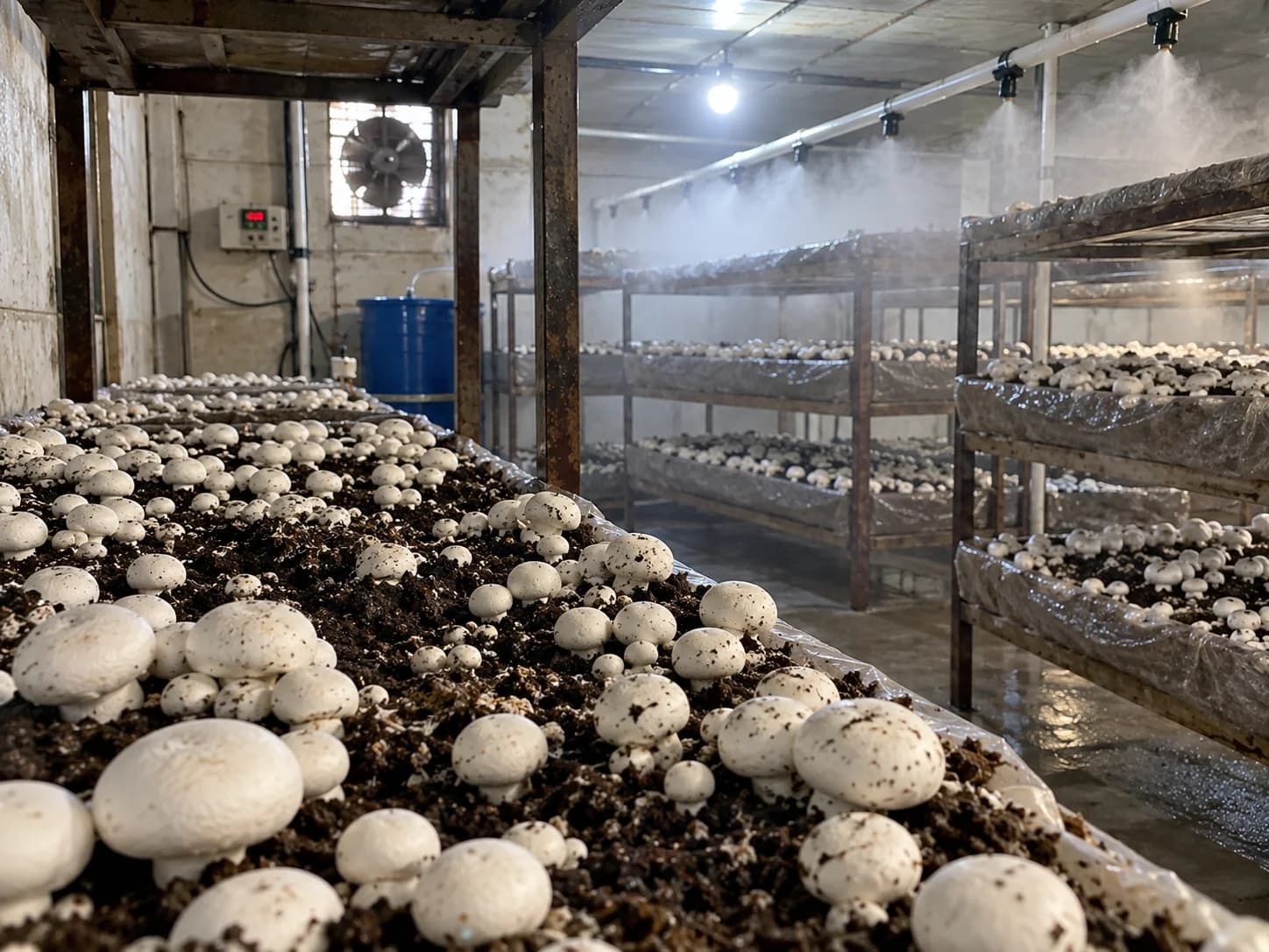Mushroom grow bags packed with pasteurised wheat straw substrate and spawn during incubation