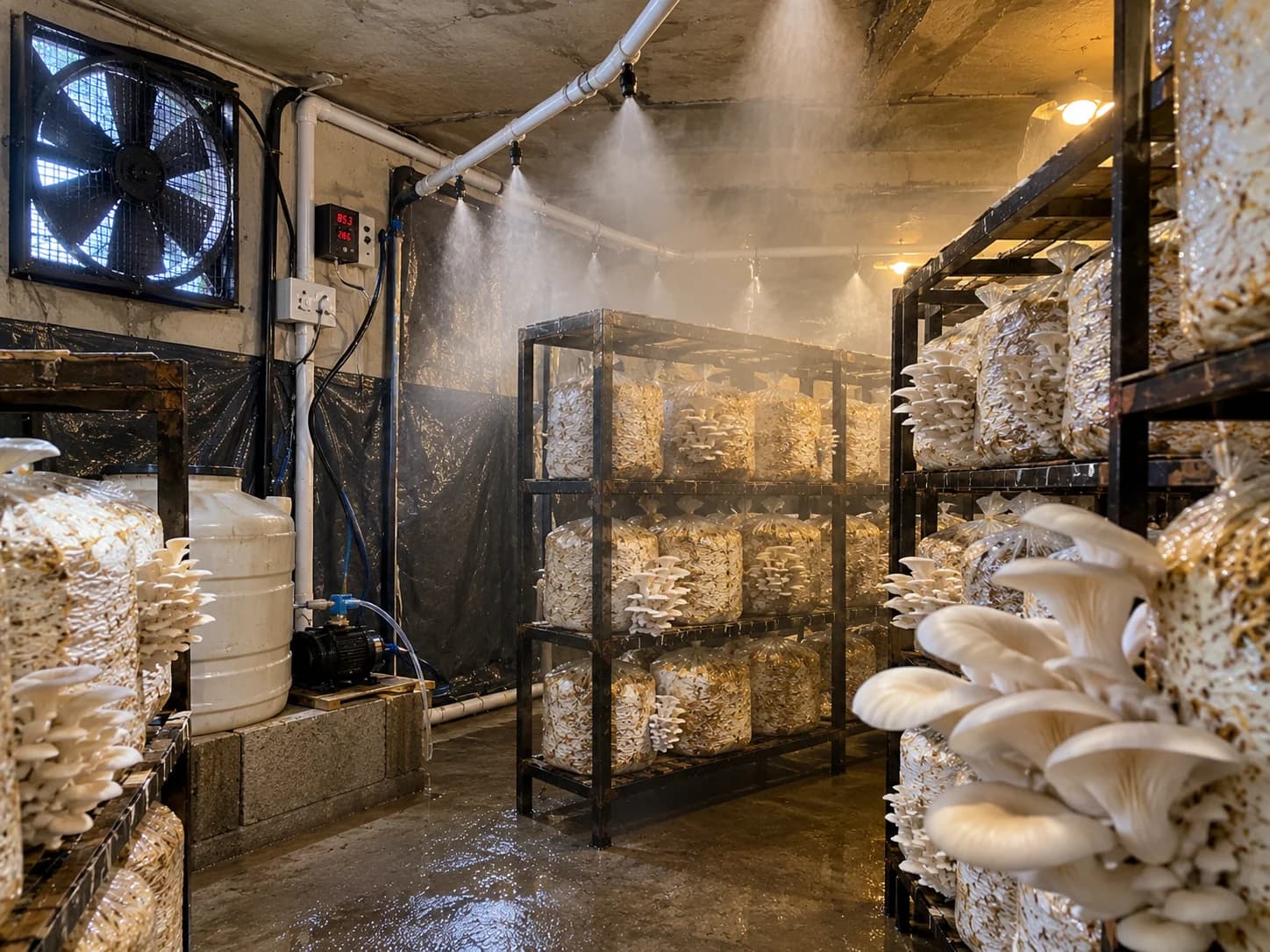 Ready-to-fruit oyster mushroom growing kit producing fresh clusters of white gourmet mushrooms at home