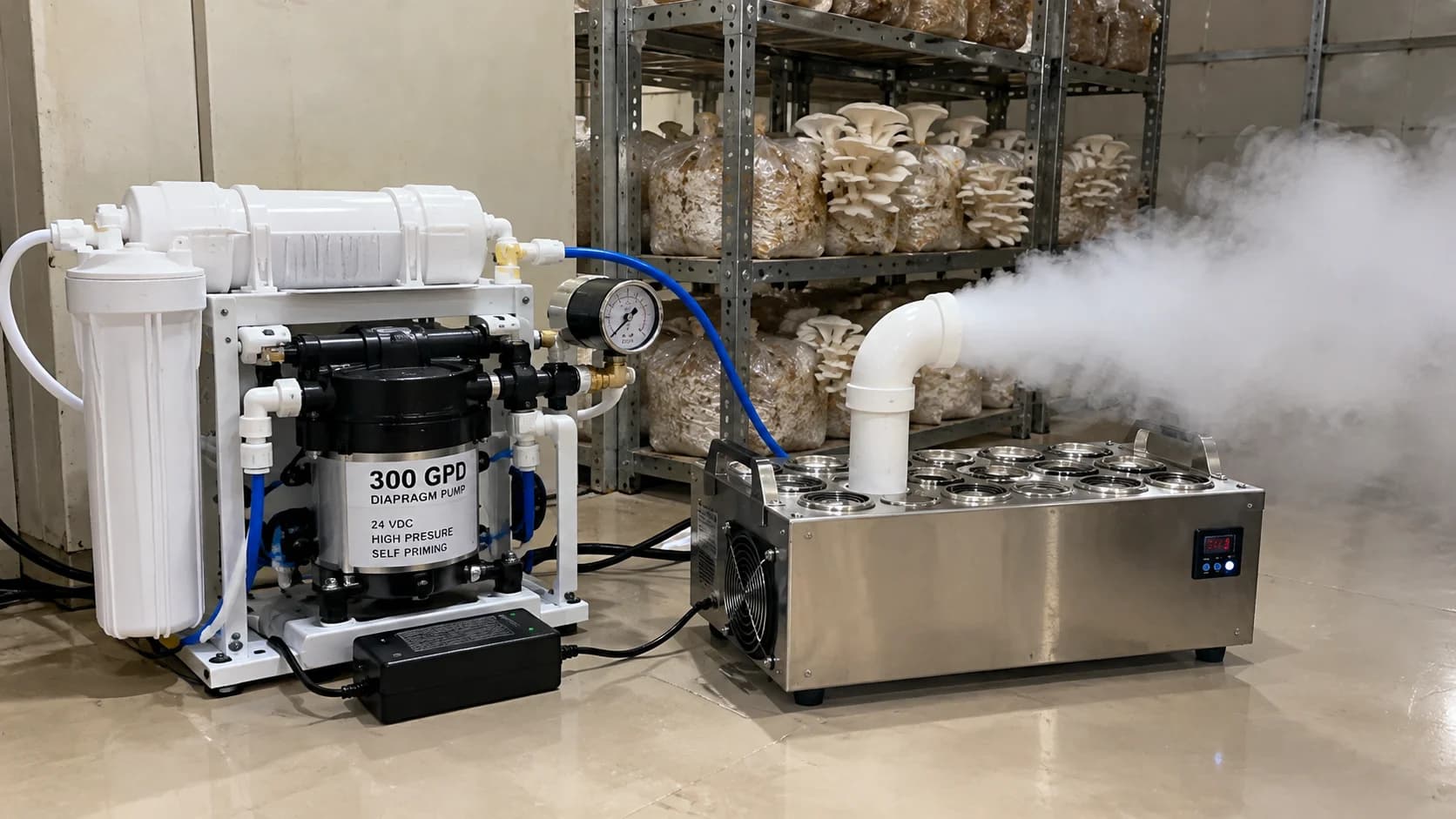 300 GPD high-pressure diaphragm pump with SMPS adapter and industrial ultrasonic humidifier