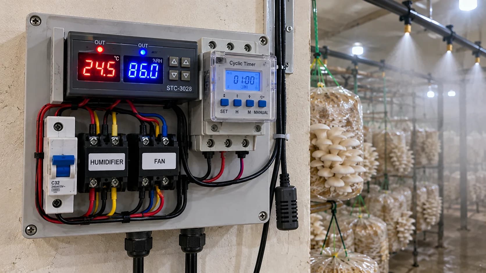 Automatic humidity controller wiring with cyclic timer for mushroom room foggers
