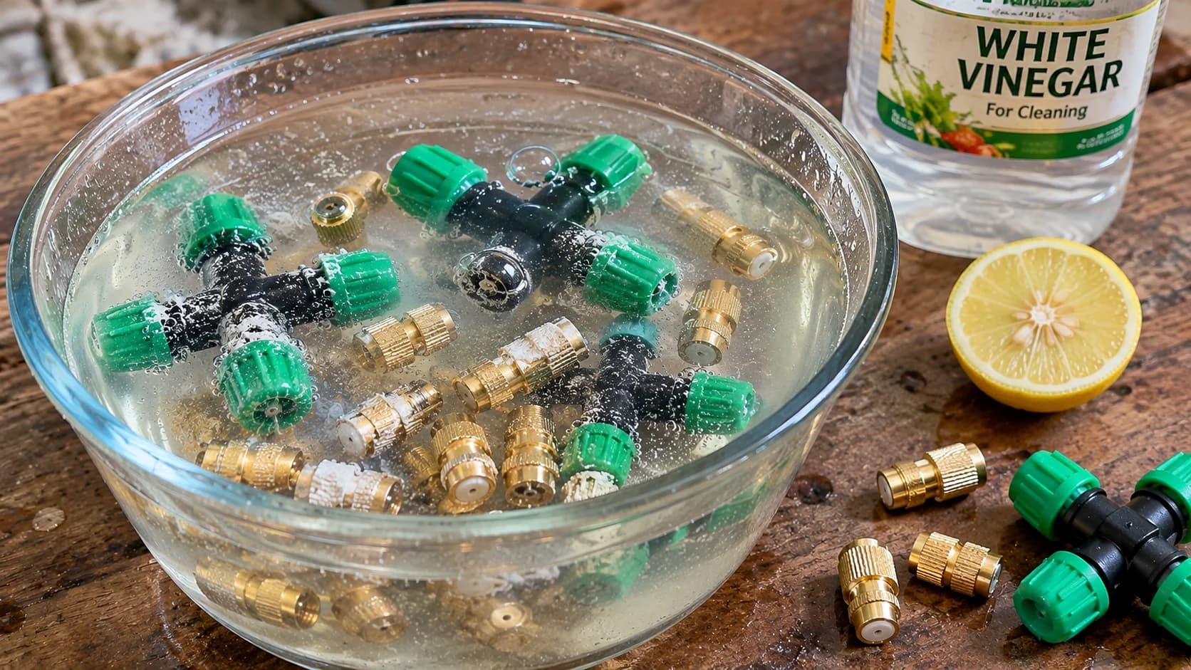 Descaling and cleaning clogged brass fogger nozzles with vinegar and warm water solution