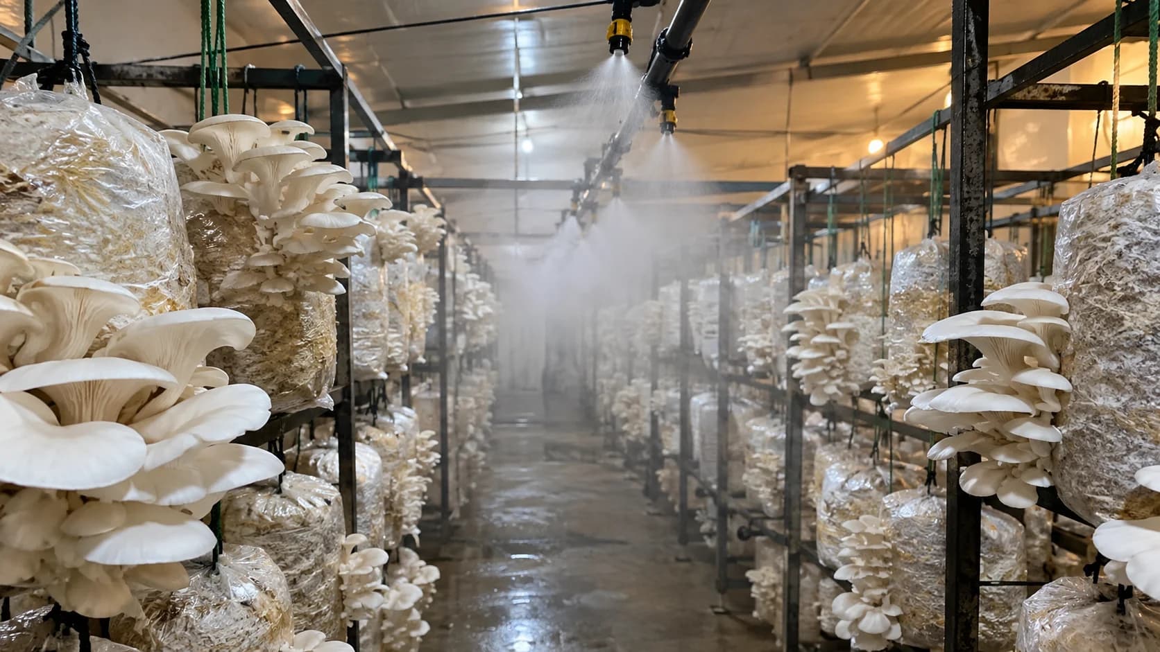 Live automated fogger misting system running in a commercial mushroom growing room