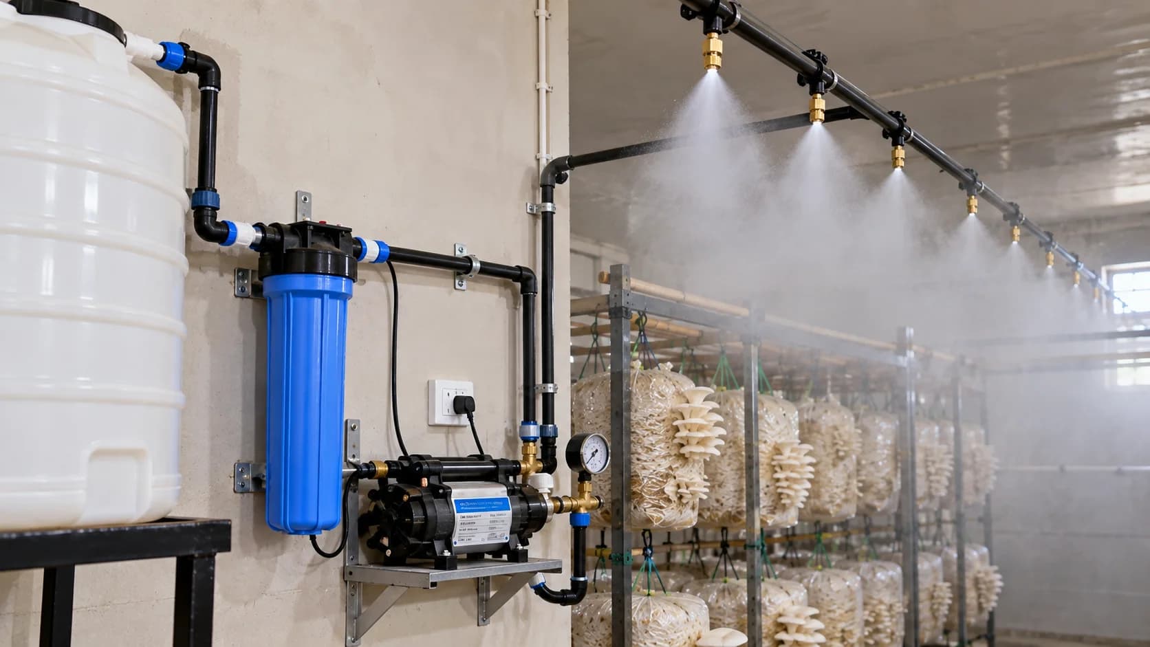 Step-by-step pipeline plumbing diagram from water tank to filter, pump, solenoid, and mist nozzles