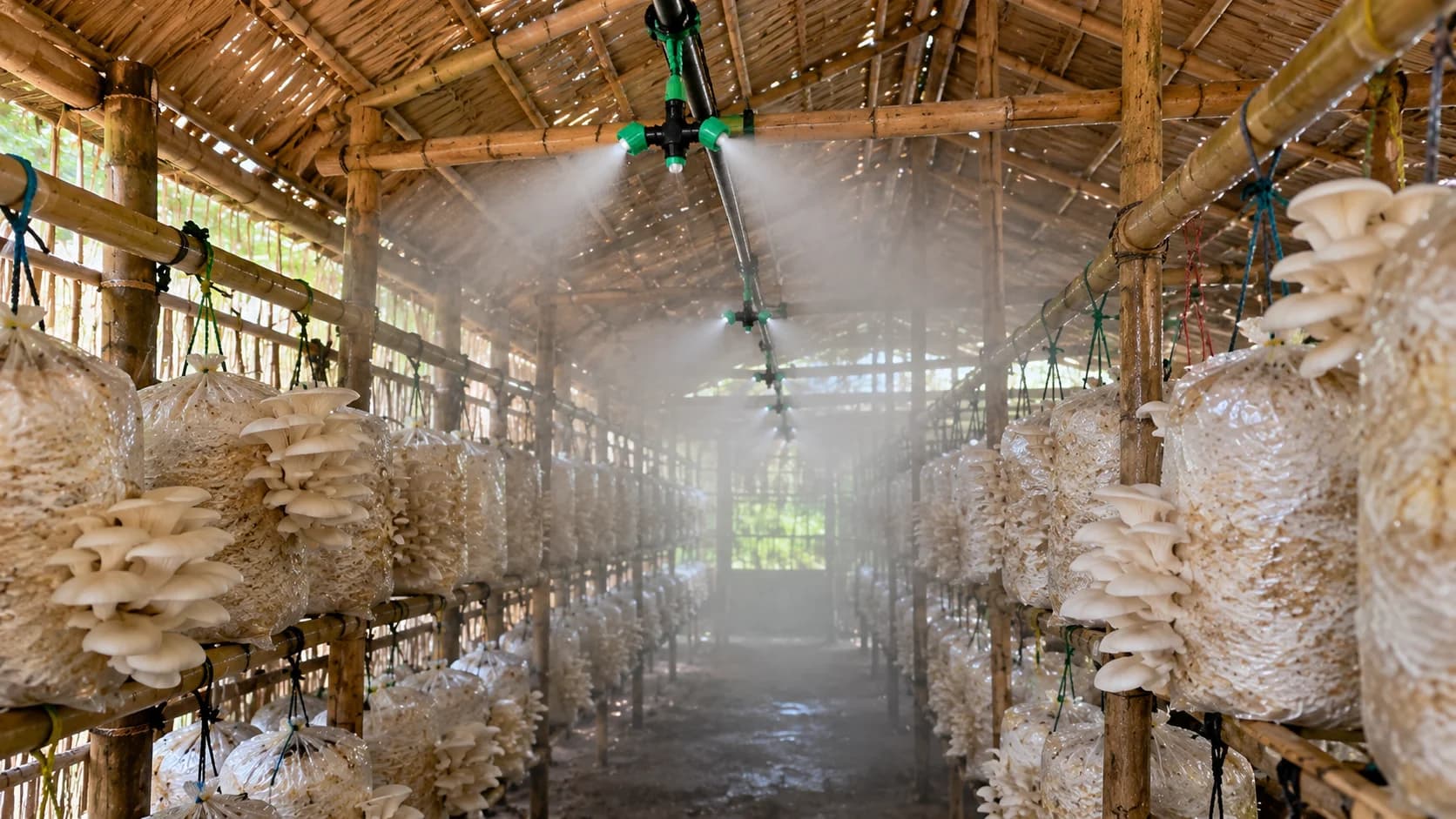 Proper fogger pipeline routing inside a seasonal mushroom bamboo hut shed