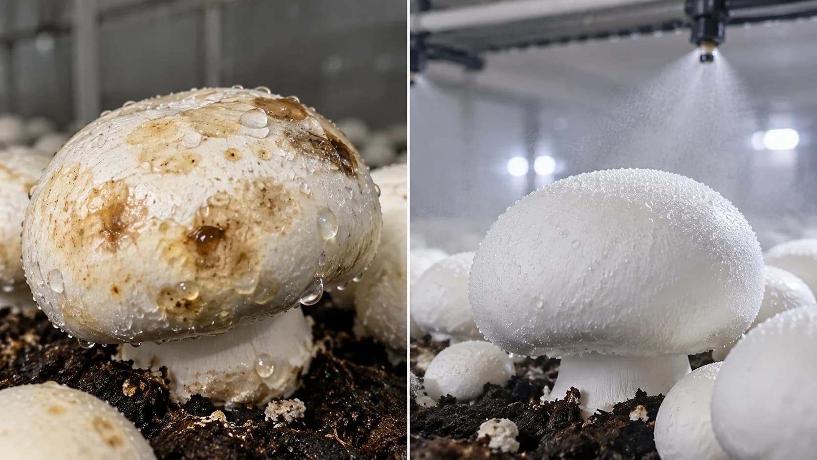 Comparison of water droplet damage versus ultra-fine fogger mist in mushroom growing