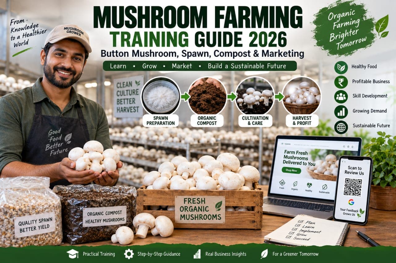 Mushroom farming training guide 2026 covering button mushroom cultivation, spawn preparation, compost and marketing