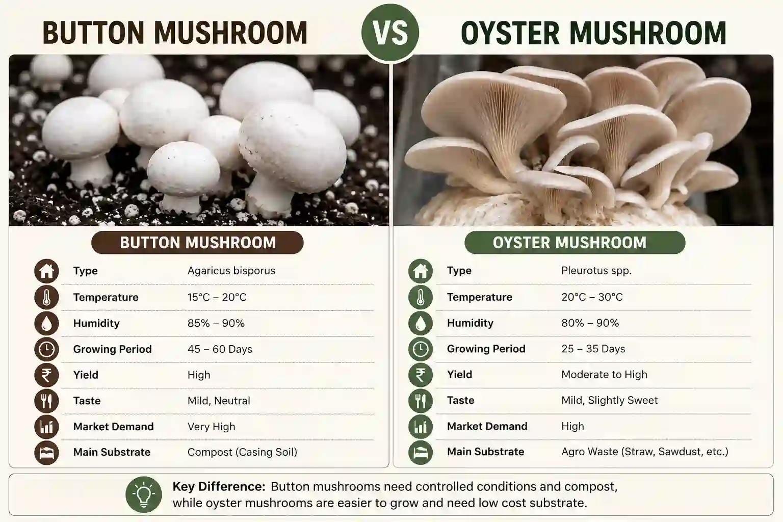 Button Mushroom vs Oyster Mushroom – Cultivation Comparison Button mushroom vs oyster mushroom comparison showing cultivation, temperature, humidity and growing requirements